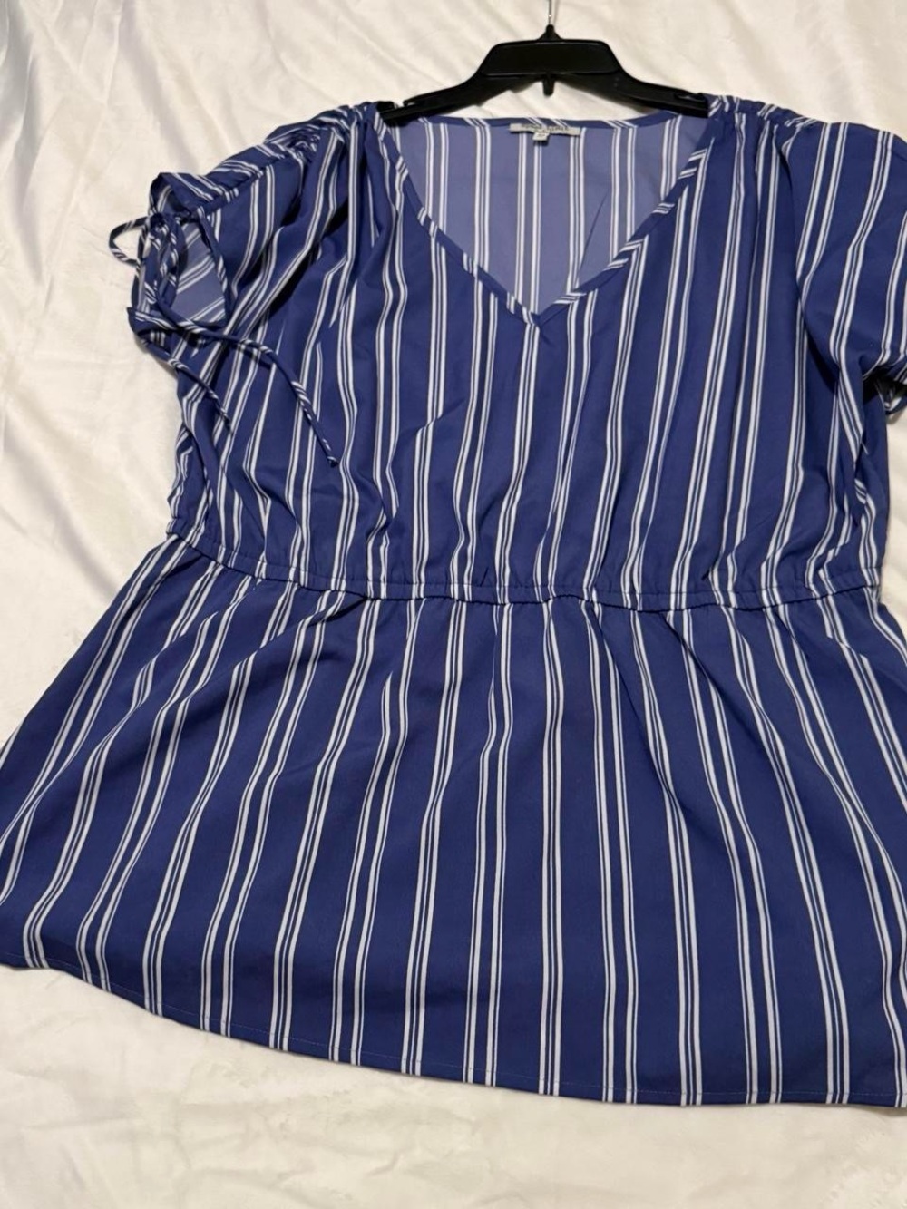 Navy Stripe V-Neck Short Sleeve Blouse